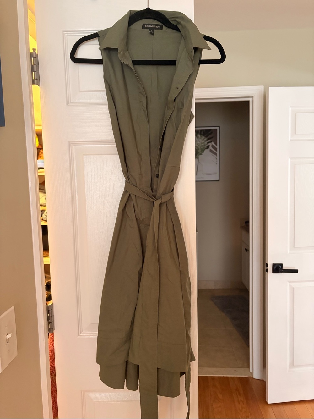 Banana Republic Olive Green Sleeveless Shirt Midi Dress with Tie Waist